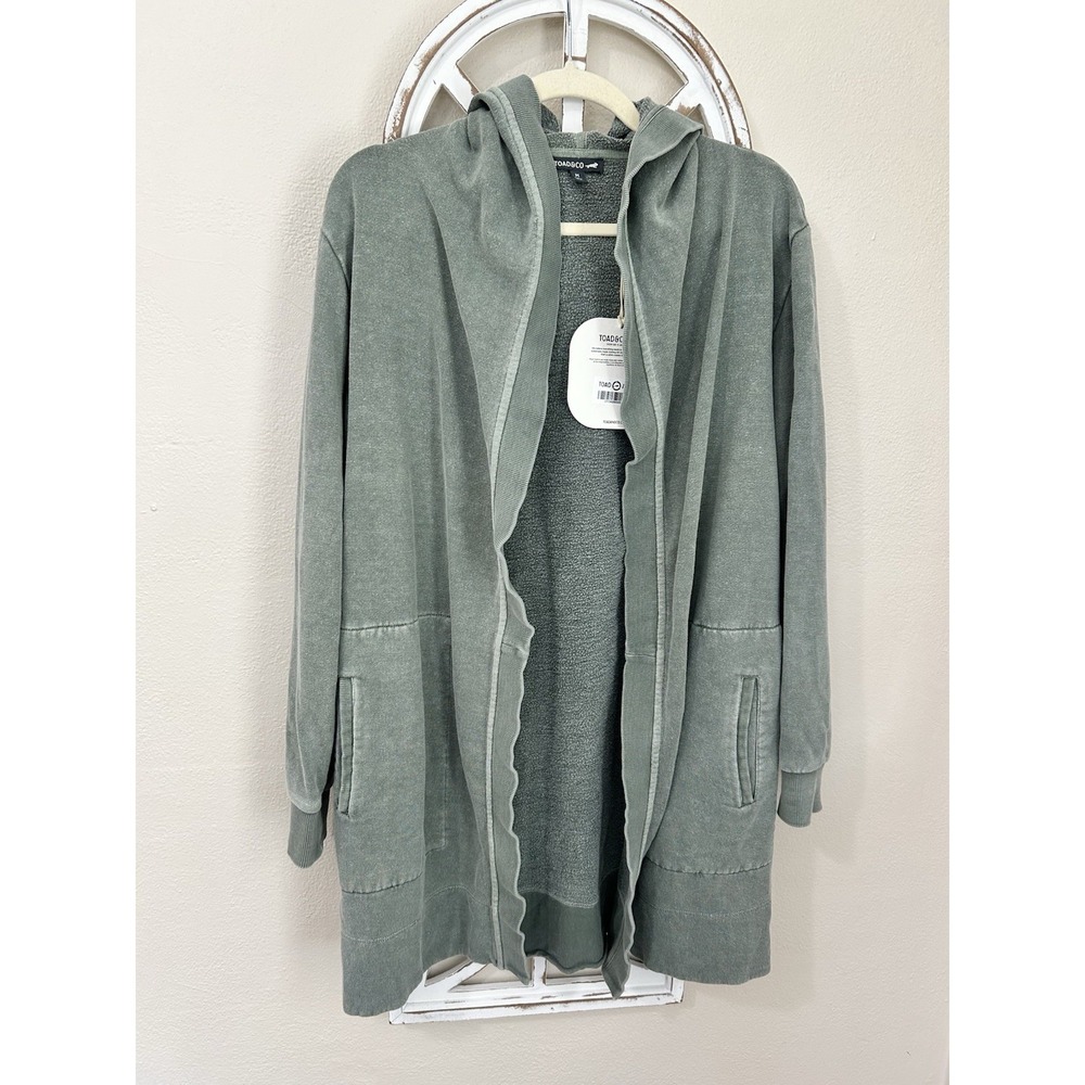 Toad&Co WOMENS MEDIUM Green Open Front Epique Cardi Pockets Hooded Cottage